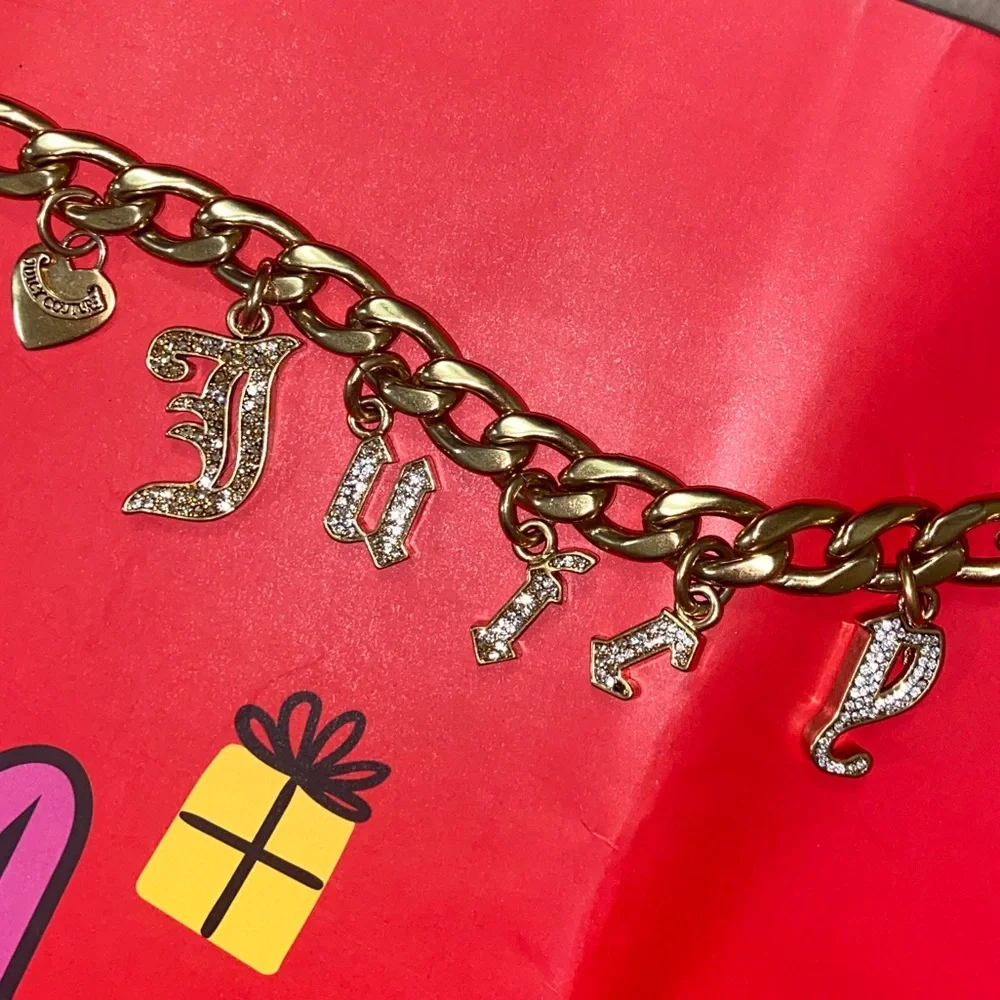 Y2K JUICY COUTURE GOTHIC INITIAL CHARM BRACELET DOG COLLAR SWAROVSKI CRYSTALS